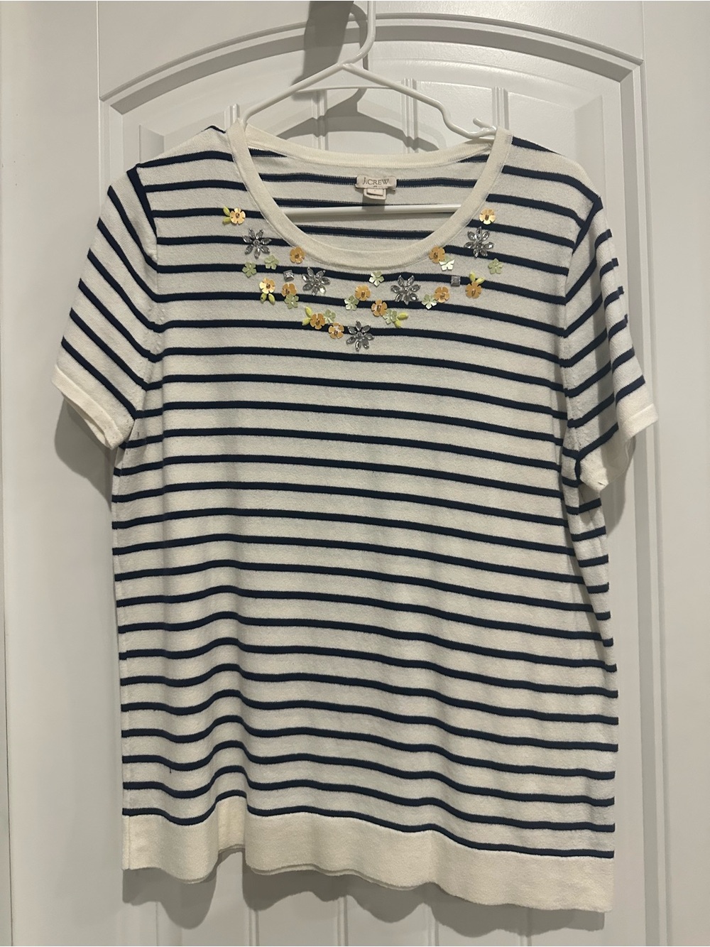 J. Crew Navy and White Striped Short-Sleeve Embellished Tee